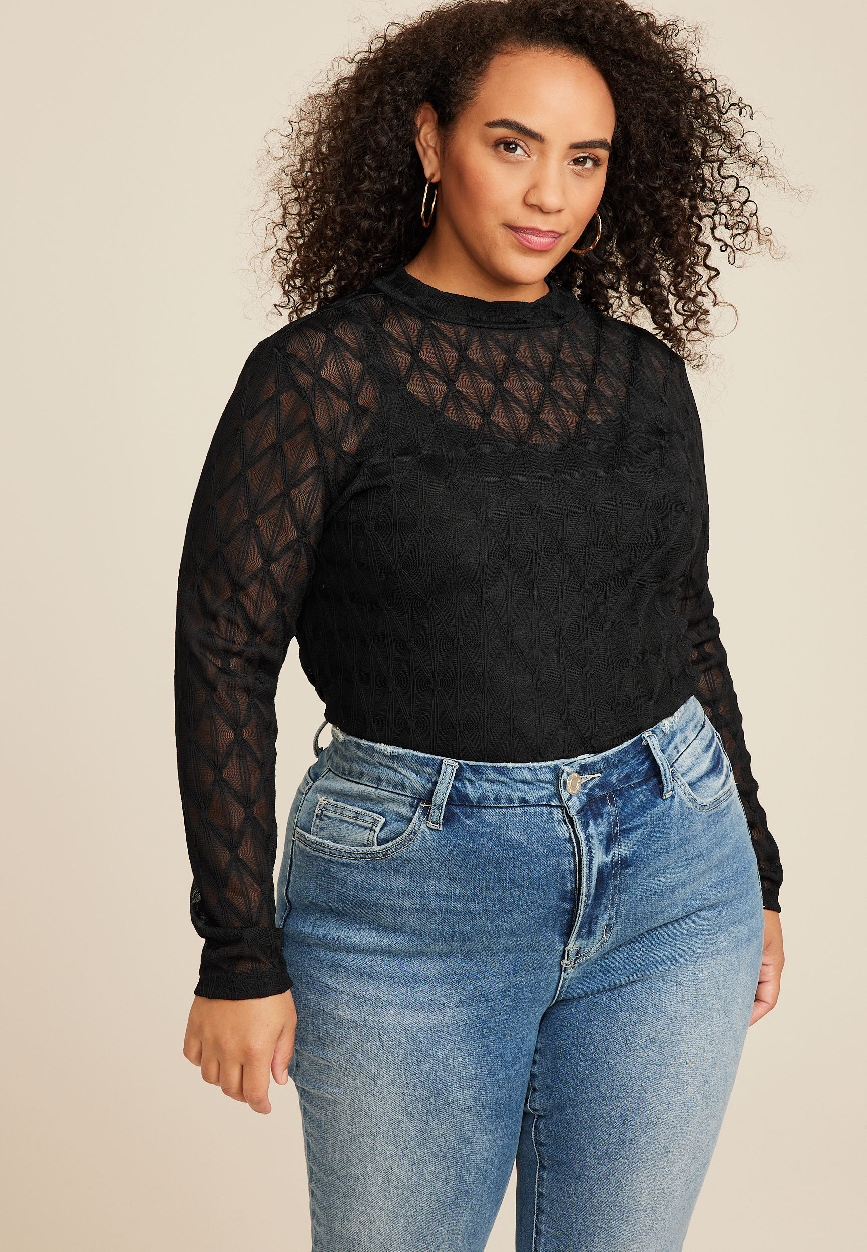 Maurices 2X Plus Size Women's Argyle Sheer Mock Neck Blouse