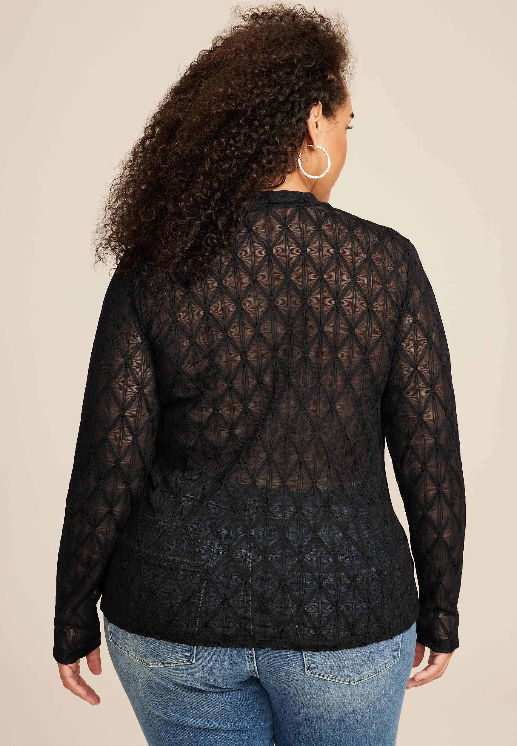 Plus Argyle Sheer Mock Neck Blouse