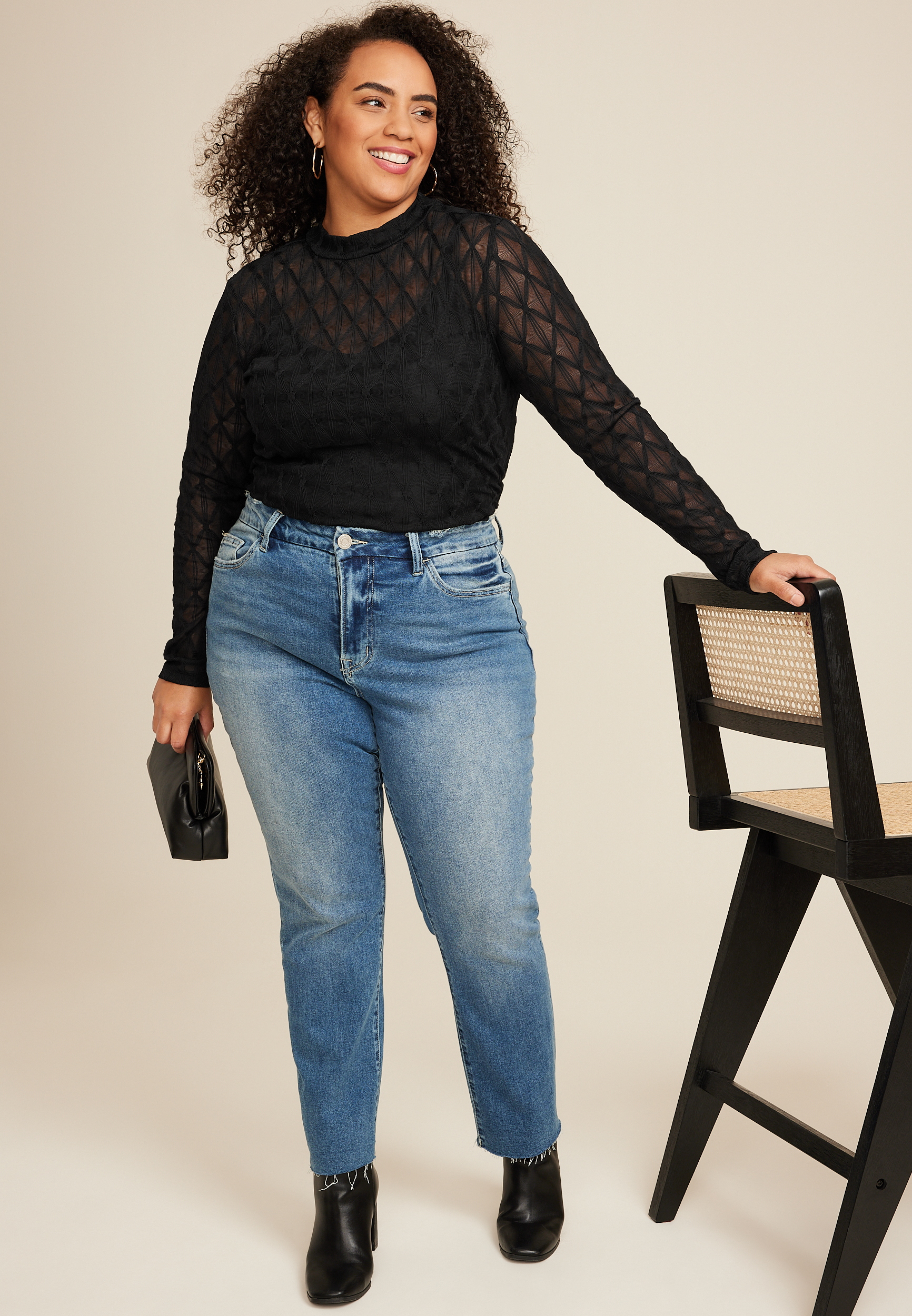 Plus Argyle Sheer Mock Neck Blouse
