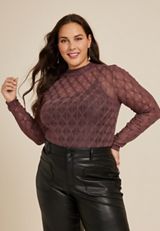 Plus Size Argyle Sheer Mock Neck Blouse, C3215, small