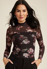 Floral Mesh Mock Neck Blouse, C1756, small