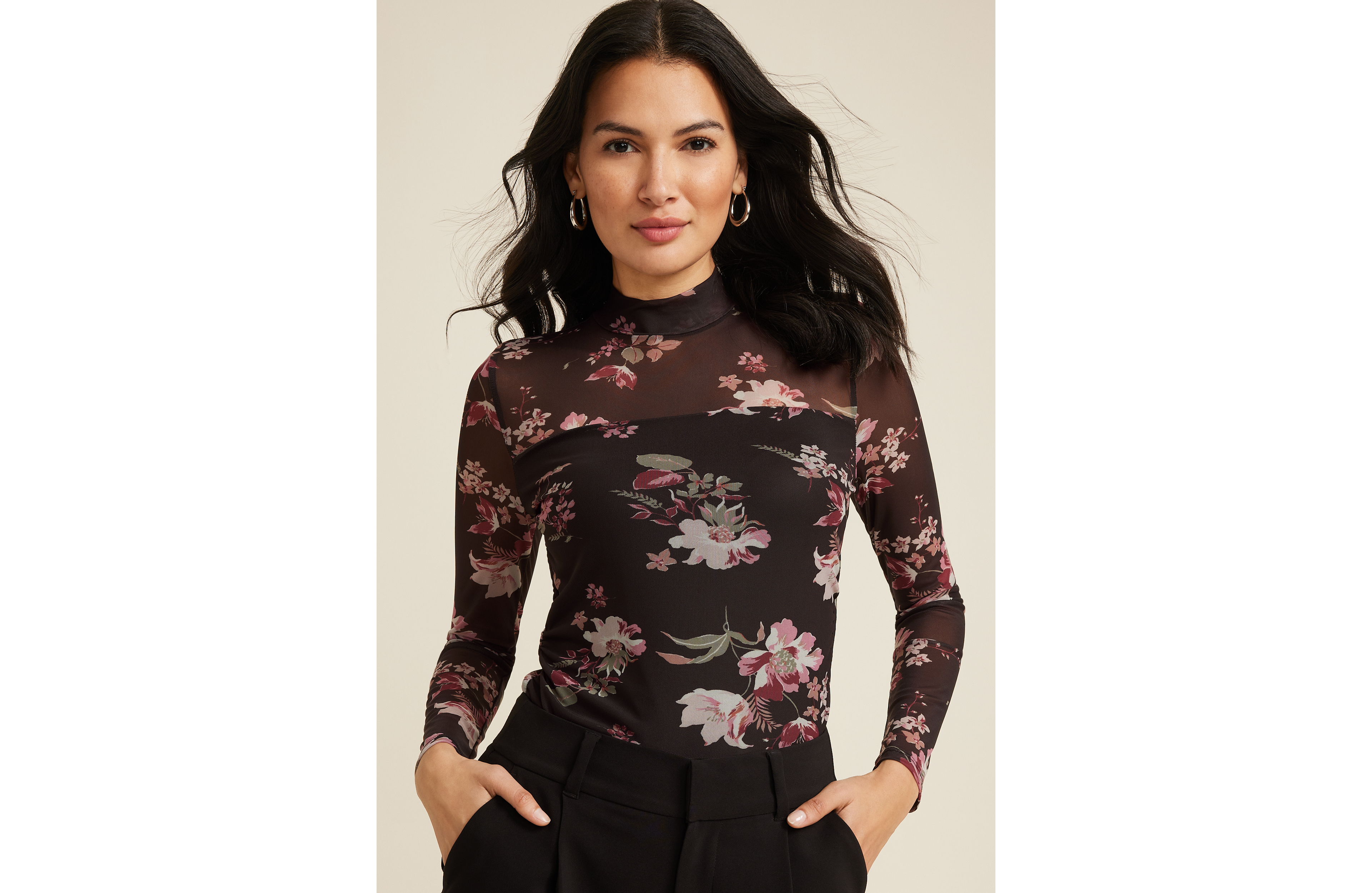 Floral Mesh Mock Neck Blouse