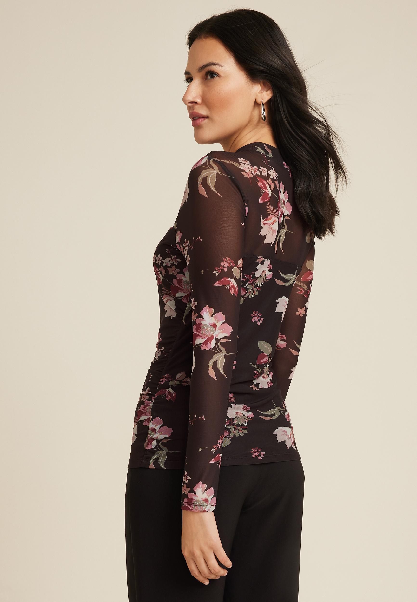 Floral Mesh Mock Neck Blouse, C1756, large