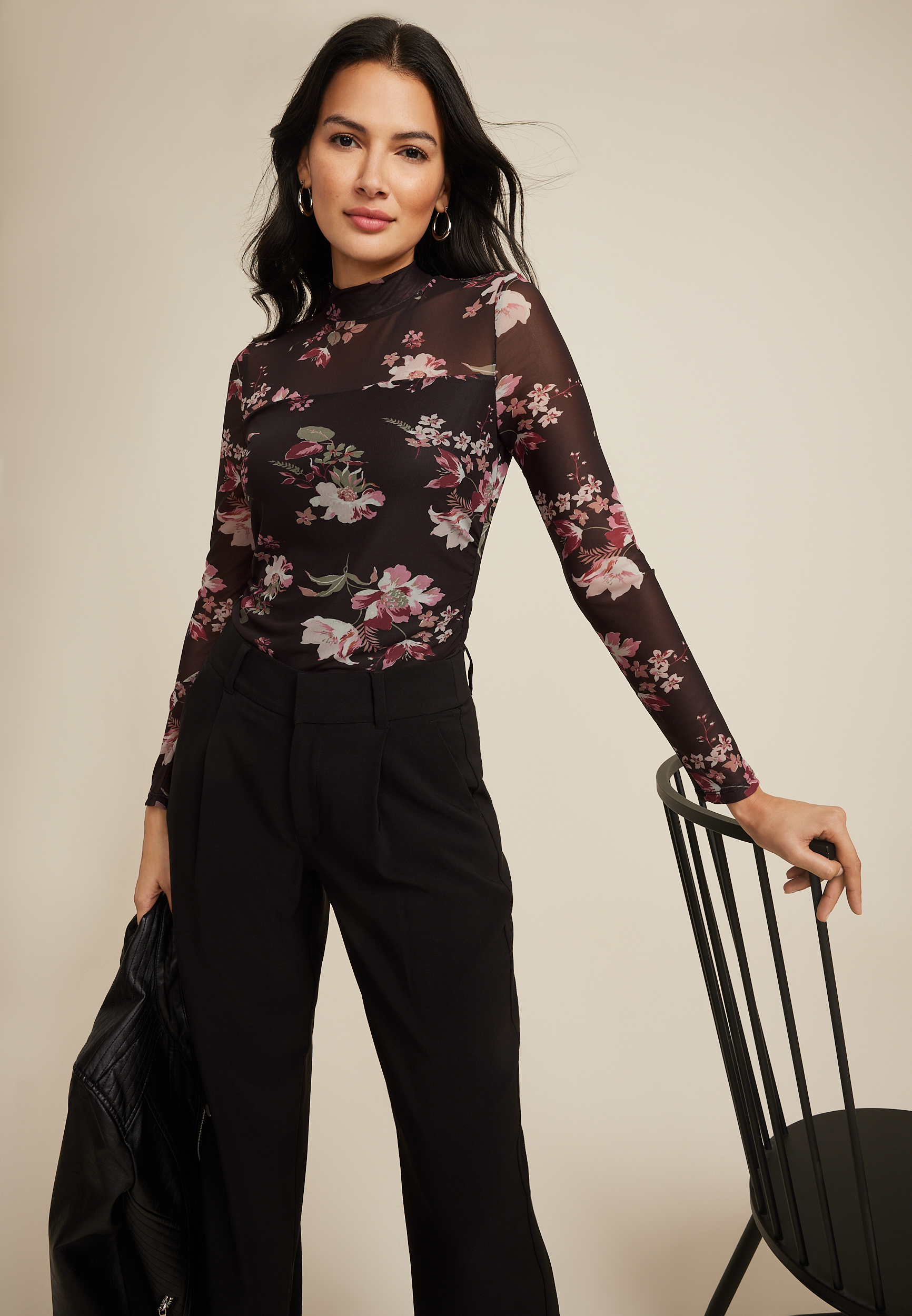 Floral Mesh Mock Neck Blouse, C1756, large