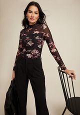 Floral Mesh Mock Neck Blouse, C1756, small