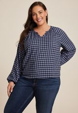 Plus Size Buffalo Check Notch Neck Blouse, C9728, small