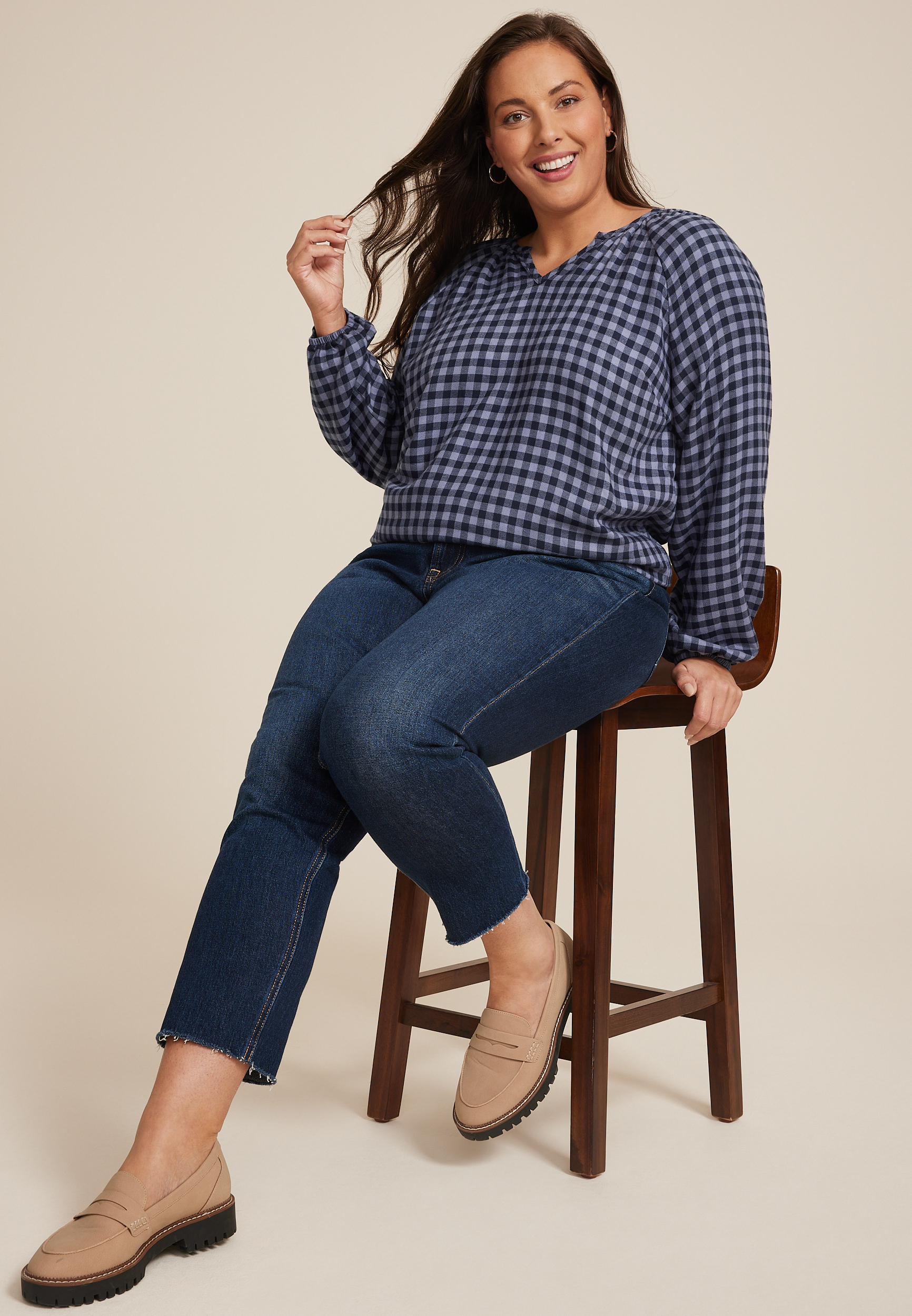 Plus Size Buffalo Check Notch Neck Blouse, C9728, large