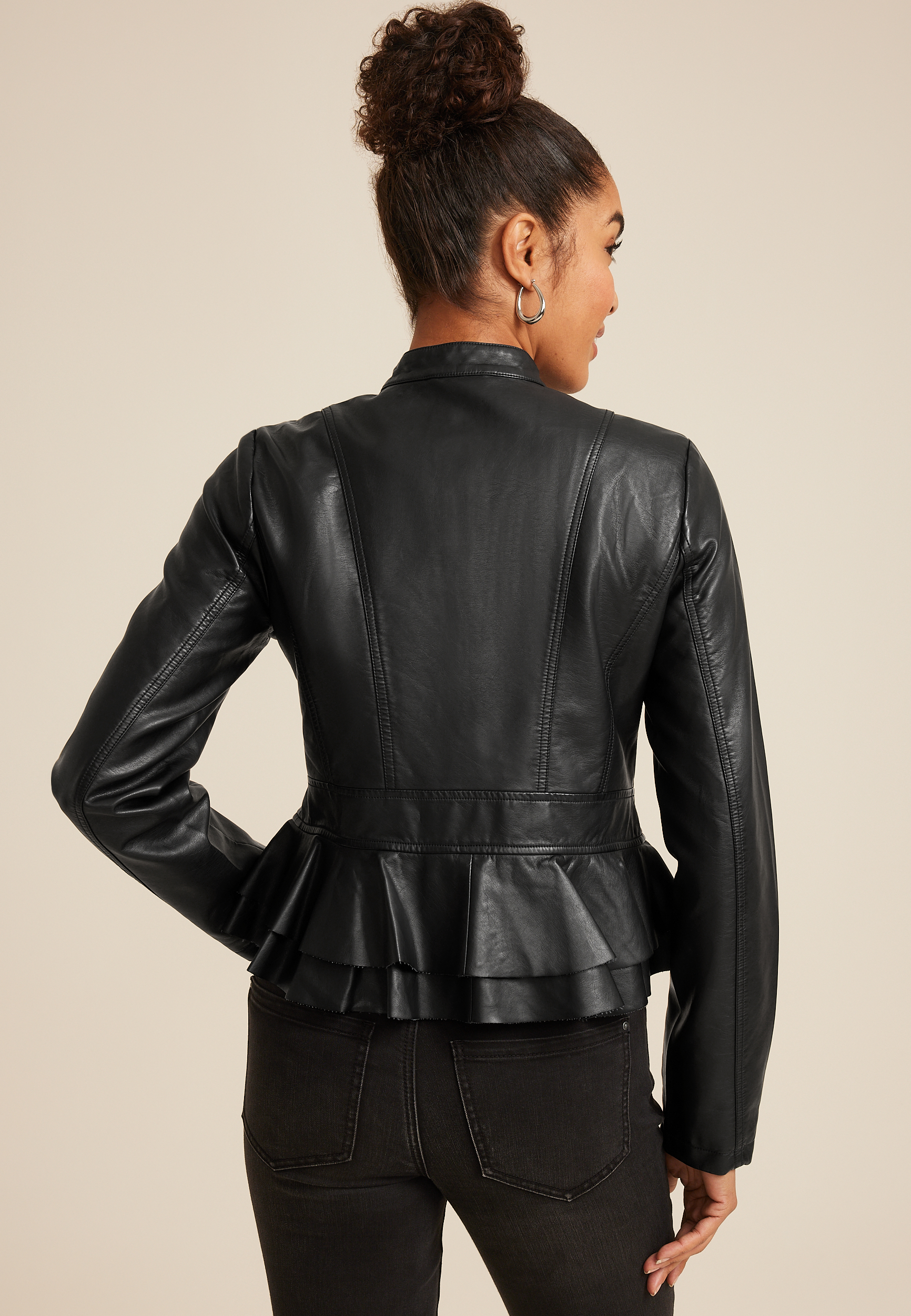 Black Faux Leather Ruffle Hem Jacket, C106, large