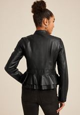 Black Faux Leather Ruffle Hem Jacket, C106, small