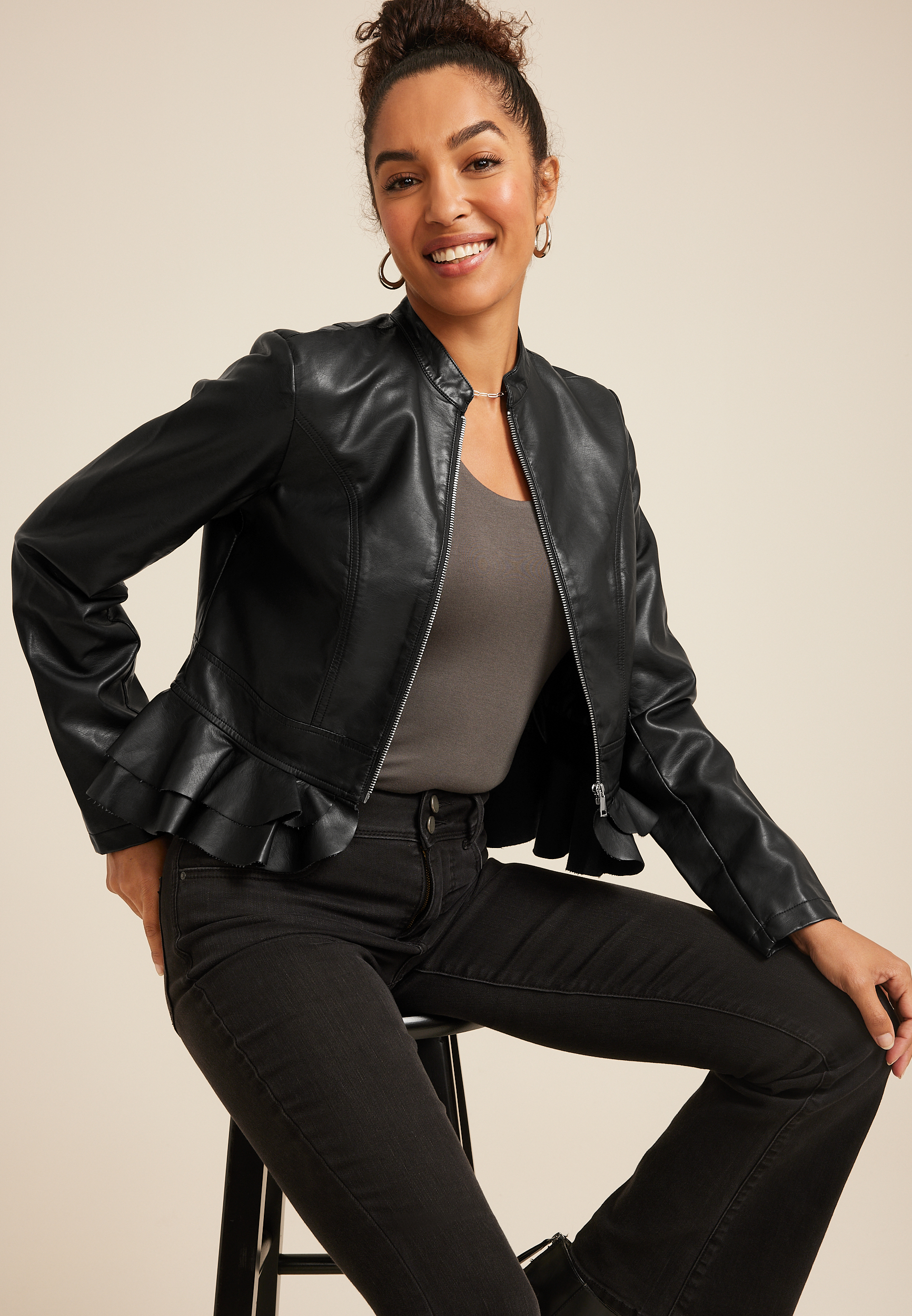 Black Faux Leather Ruffle Hem Jacket, C106, large