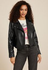 Black Faux Leather Studded Moto Jacket, C106, small