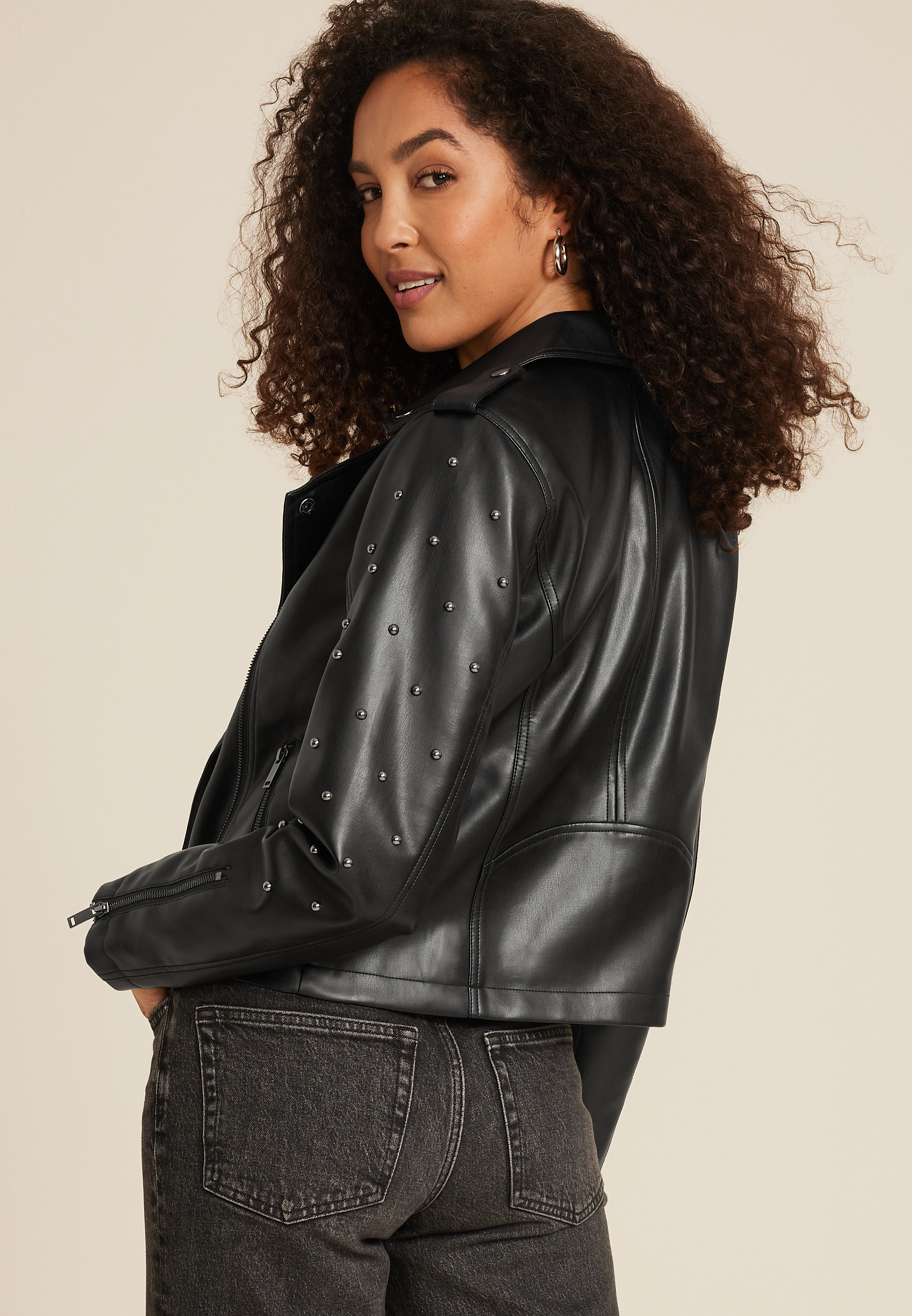 Black Faux Leather Studded Moto Jacket, C106, large