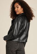 Black Faux Leather Studded Moto Jacket, C106, small