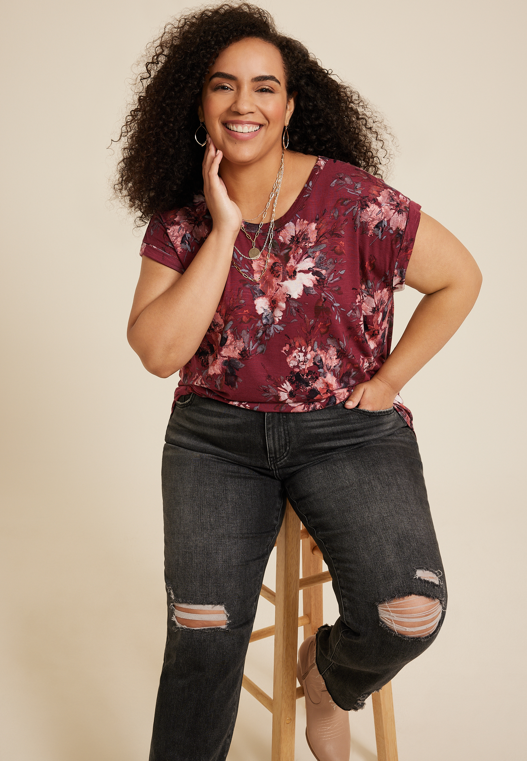 Plus Size 24/7 Clara Floral Short Sleeve Tee, C4695, large
