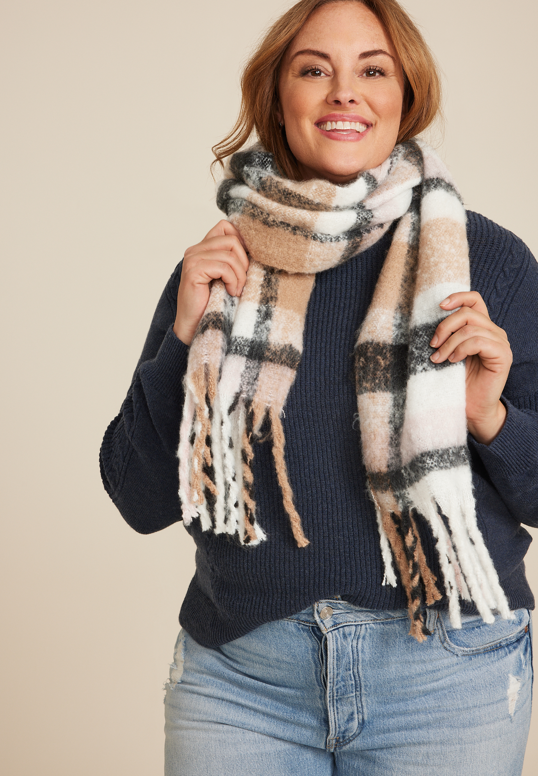 Brushed Neutral Plaid Scarf, NEUTRAL COMBO, large