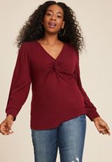 Plus Size Ribbed Twist Front Top, BROWN RUBY, small