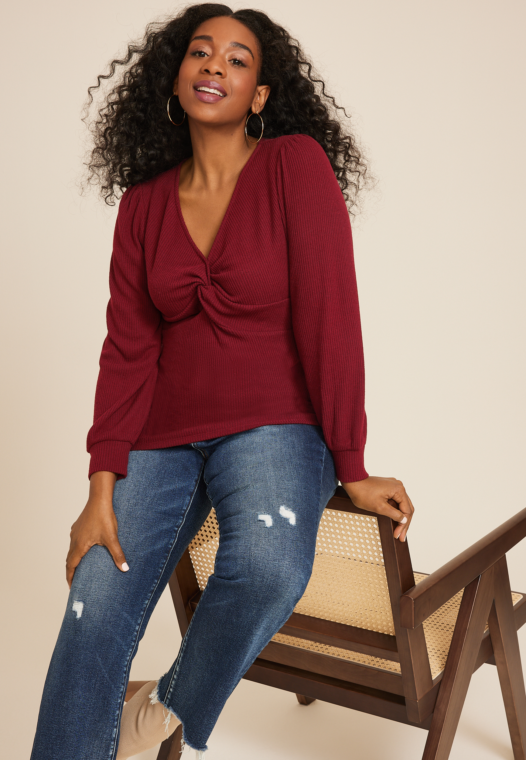 Plus Size Ribbed Twist Front Top, BROWN RUBY, large