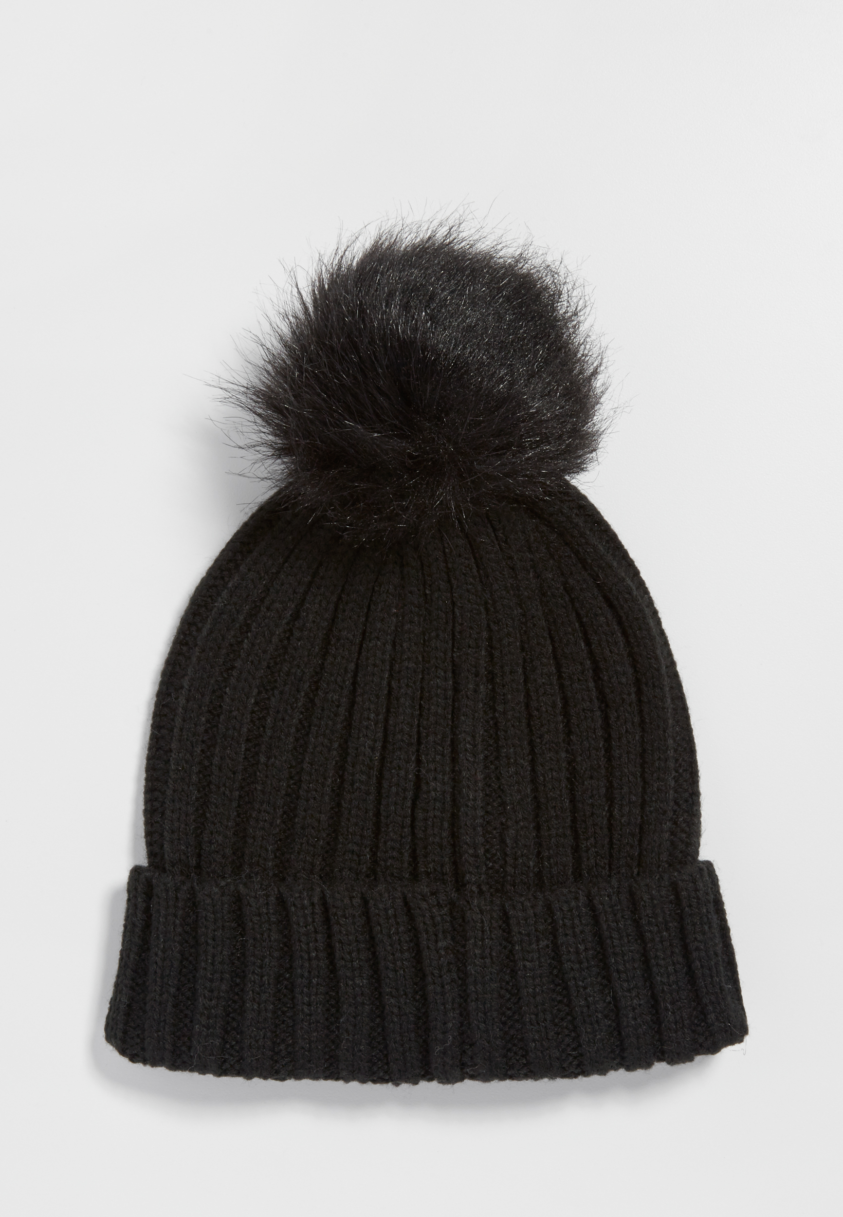 ribbed knit hat with faux fur pompom in black | maurices