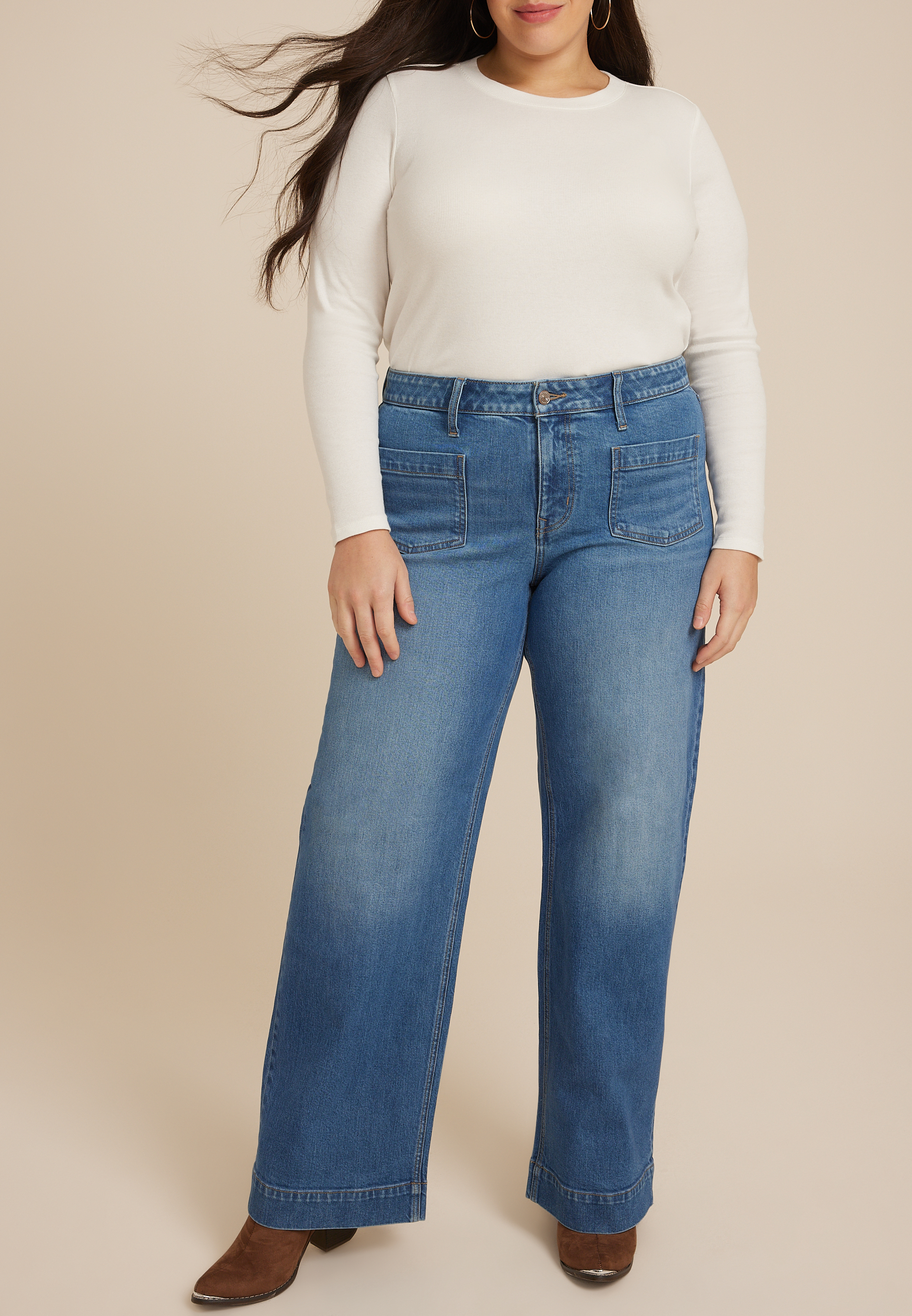 Plus Patch Pocket High Rise Wide Leg Jean