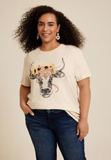 Plus Size Bull Shirt Oversized Fit Graphic Tee, ALMOND CREAM, small