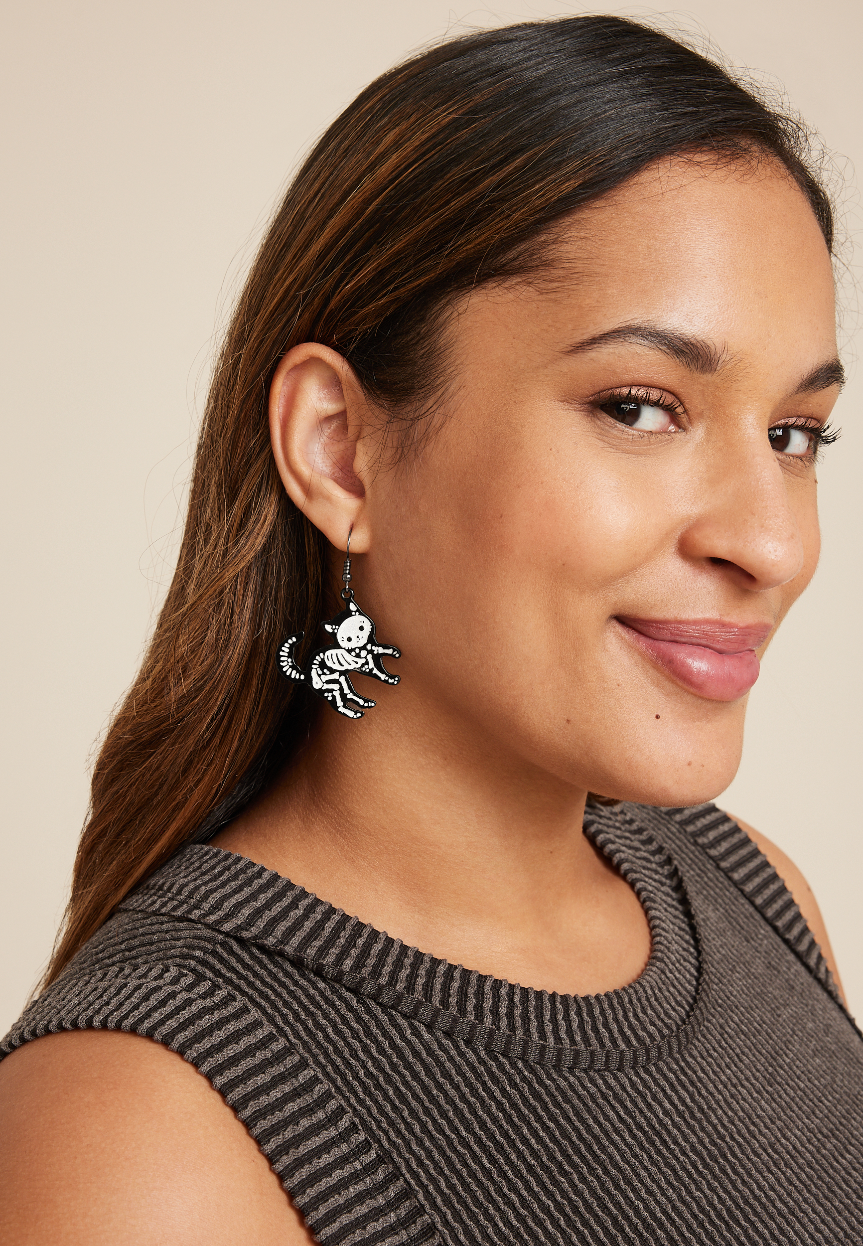 Skeleton Cat Drop Earrings, BLACK, large