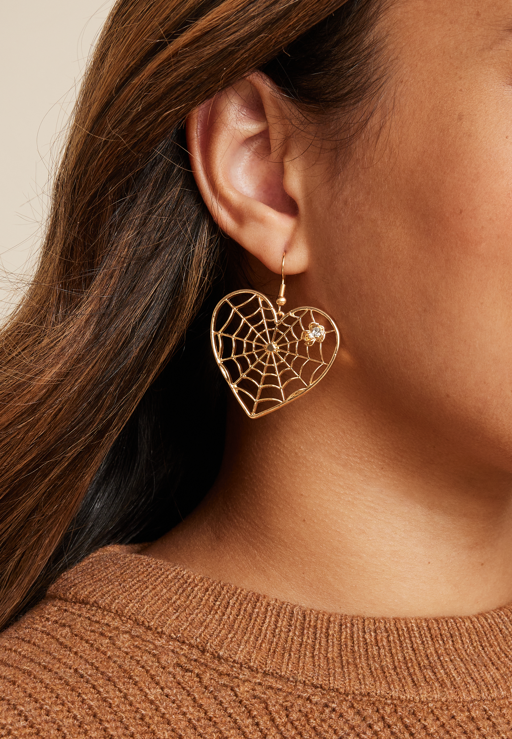Gold Heart Spiderweb Drop Earrings, C605, large