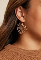 Gold Heart Spiderweb Drop Earrings, C605, small