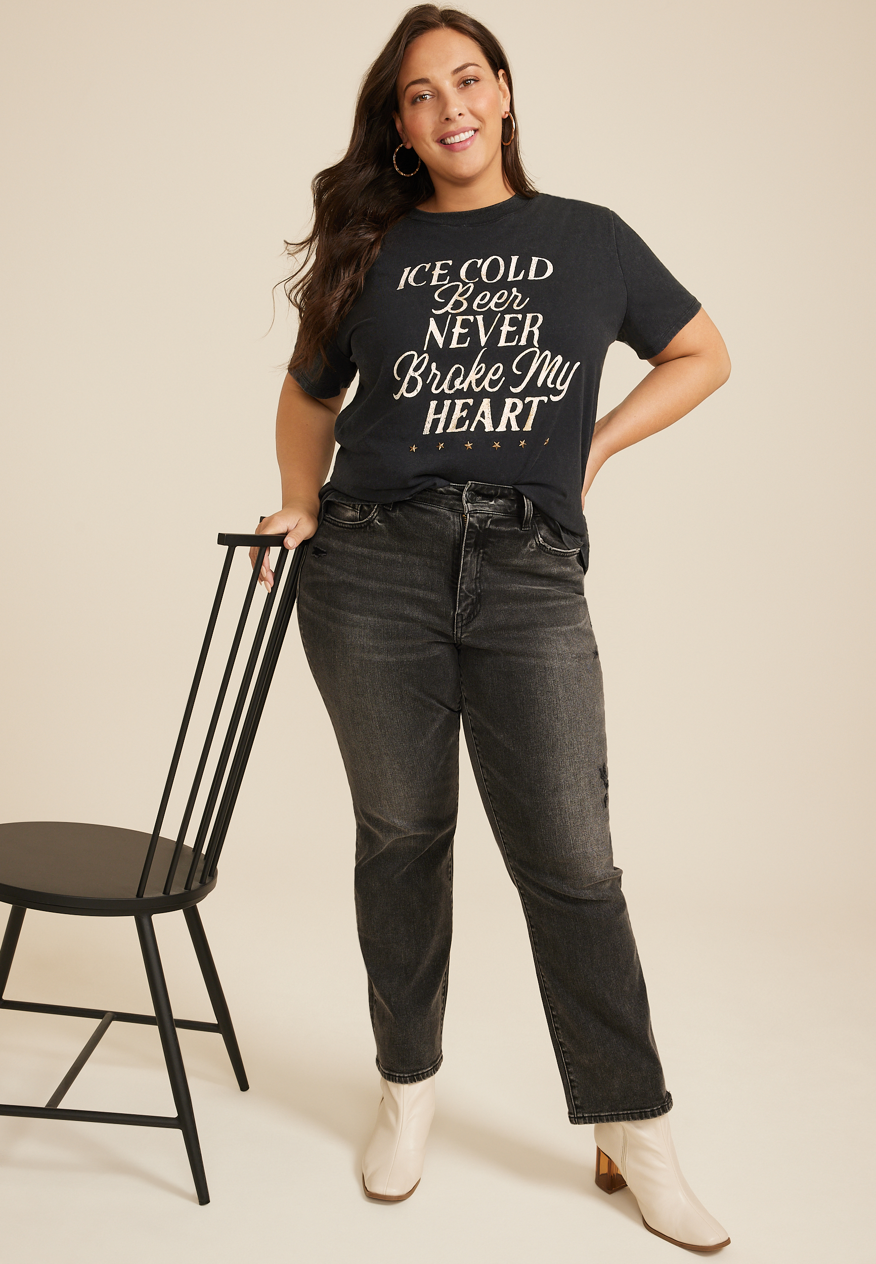 Plus Size Ice Cold Beer Never Broke My Heart Oversized Fit Graphic Tee, C106, large