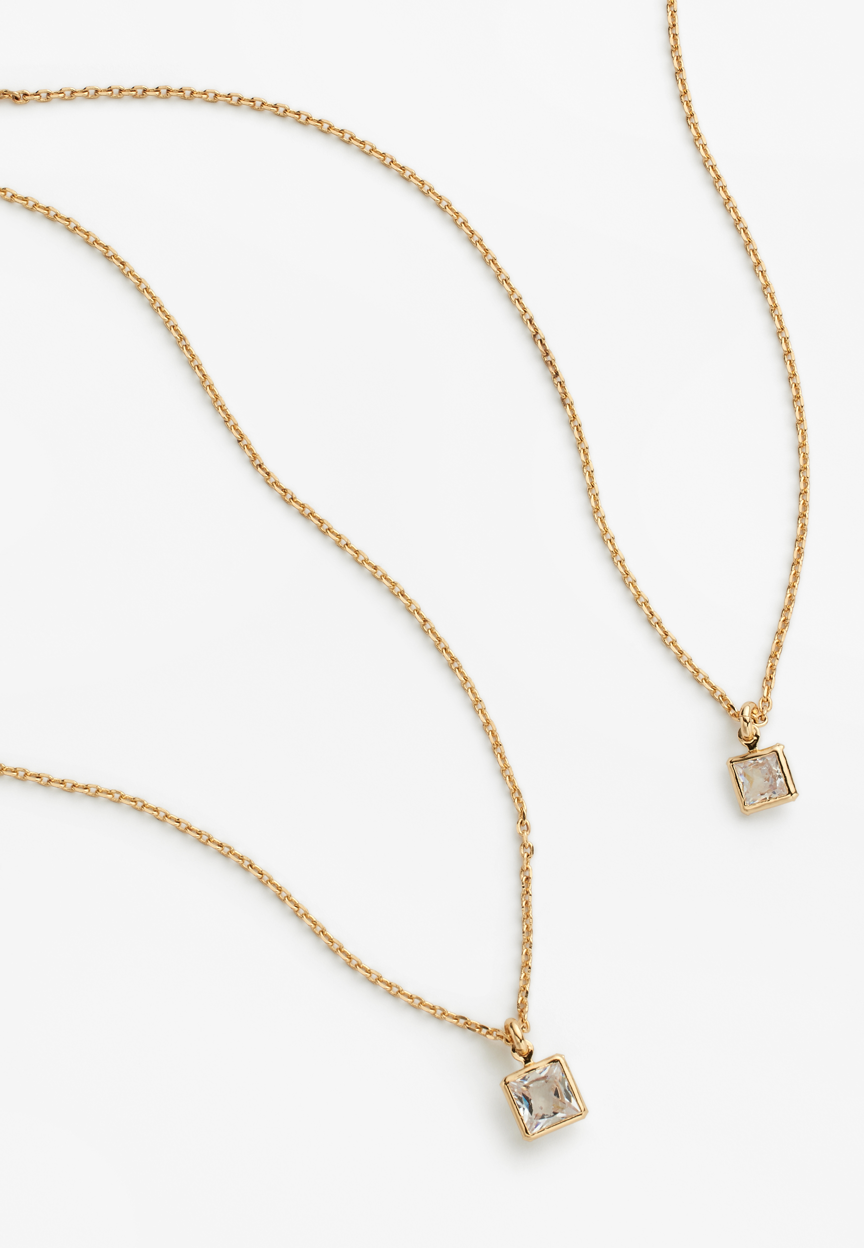 Gold Square Crystal Pendant Layered Necklace