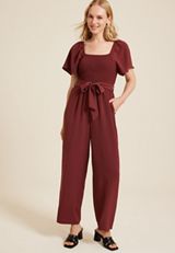 Smocked Flutter Sleeve Jumpsuit, BROWN RUBY, small
