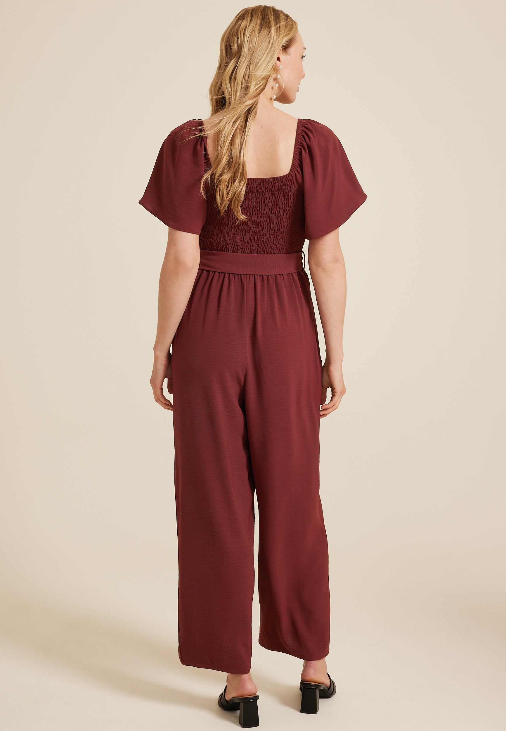 Smocked Flutter Sleeve Jumpsuit, BROWN RUBY, large