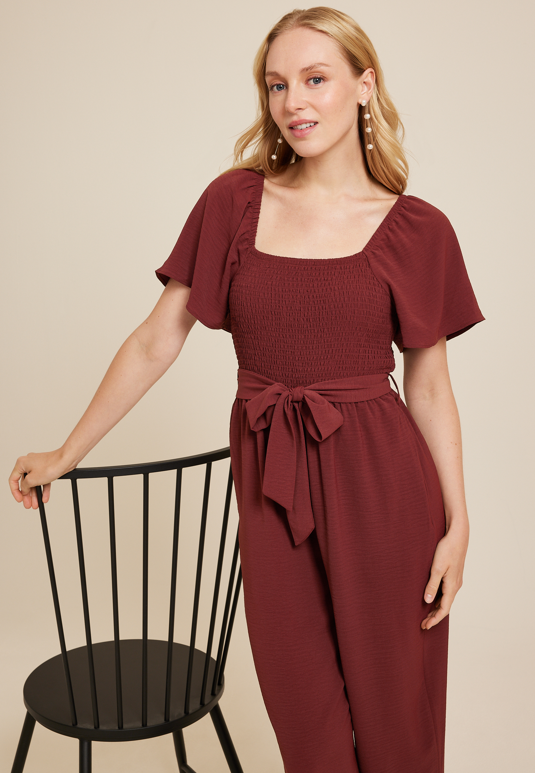 Smocked Flutter Sleeve Jumpsuit, BROWN RUBY, large