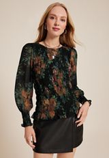 Black Floral Smocked Blouse, BLACK COMBO, small