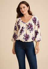Floral 3/4 Sleeve Bubble Hem Blouse, C3986, small