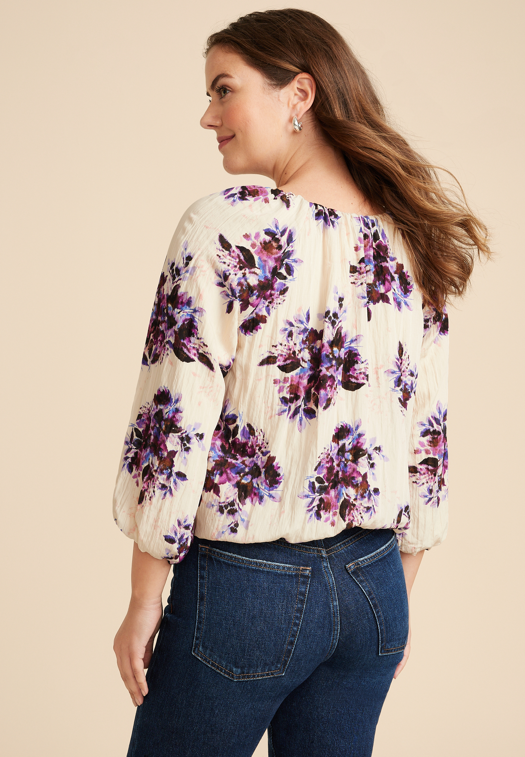 Floral 3/4 Sleeve Bubble Hem Blouse, C3986, large