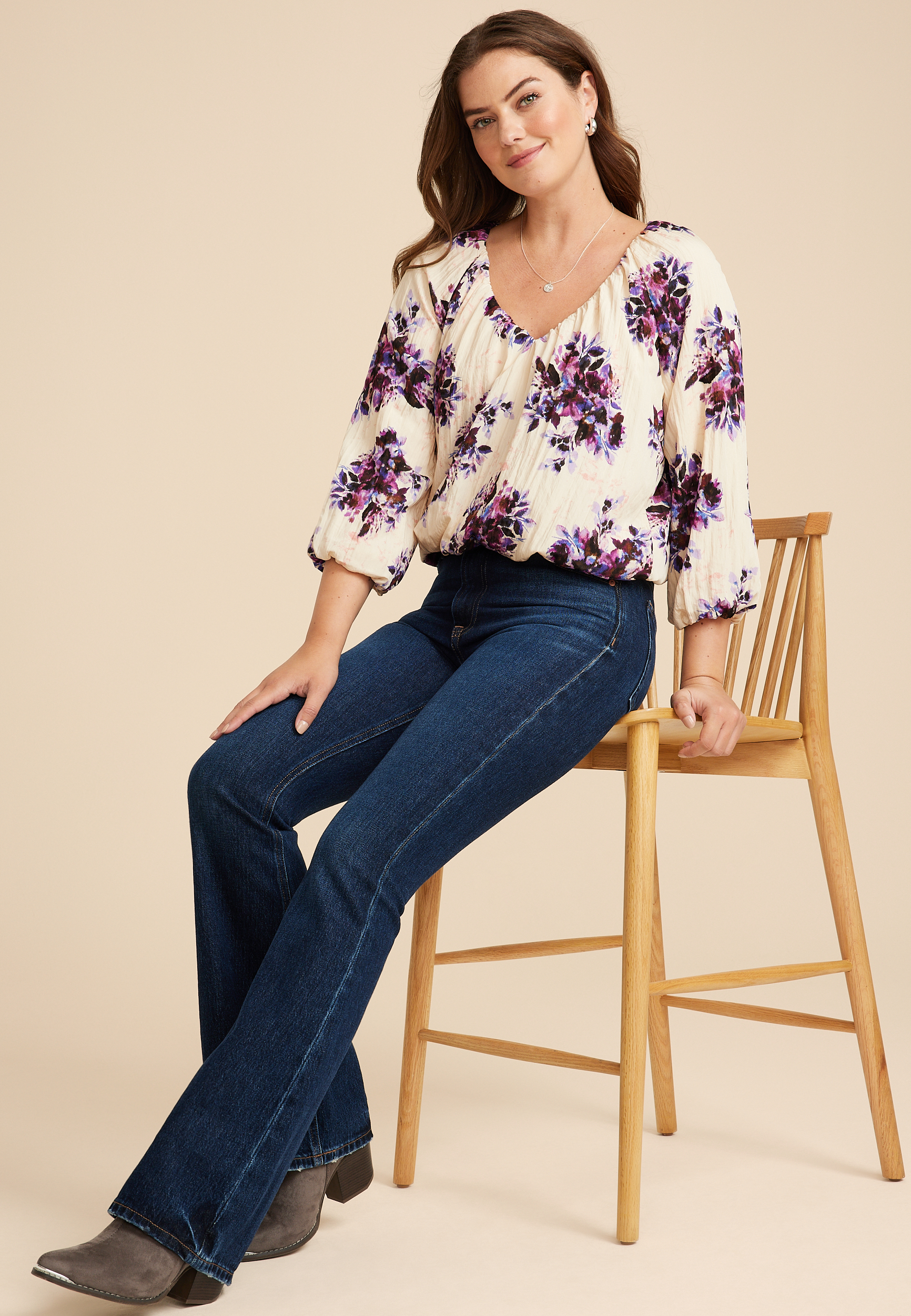 Floral 3/4 Sleeve Bubble Hem Blouse, C3986, large