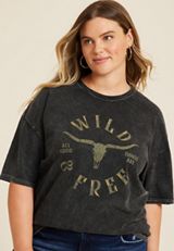 Plus Size Wild And Free Relaxed Fit Graphic Tee, BLACK, small