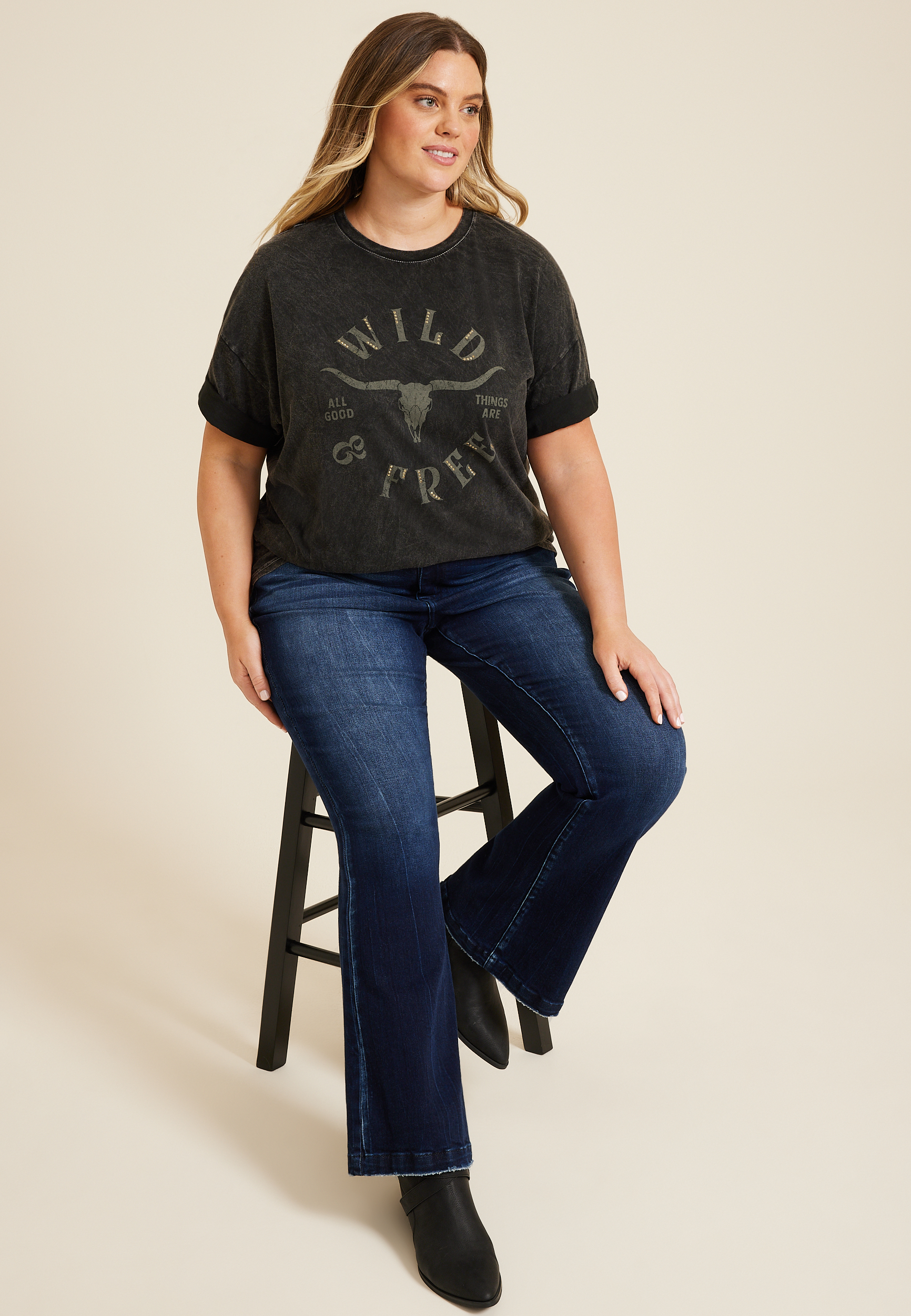Plus Size Wild And Free Relaxed Fit Graphic Tee, BLACK, large