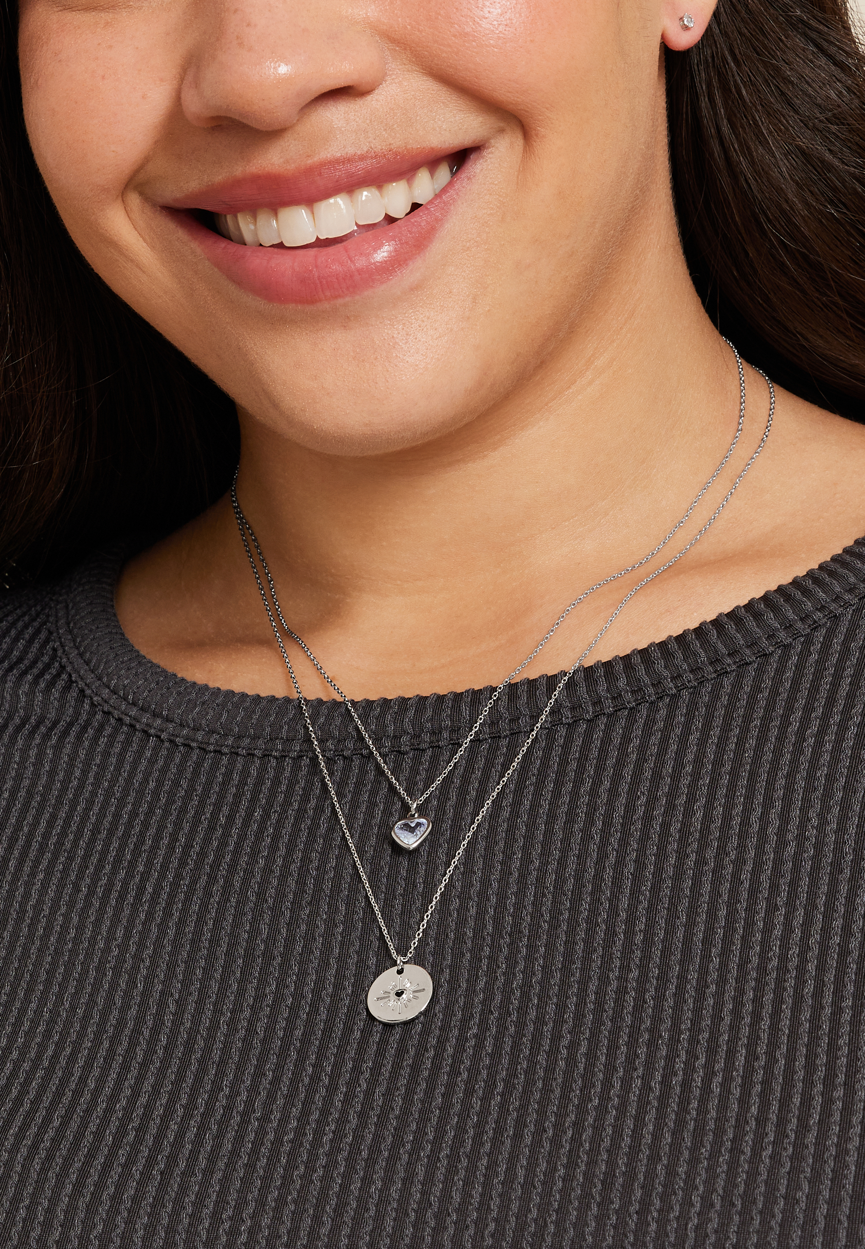 Silver Starburst And Heart Pendant Layered Necklace, SILVER, large