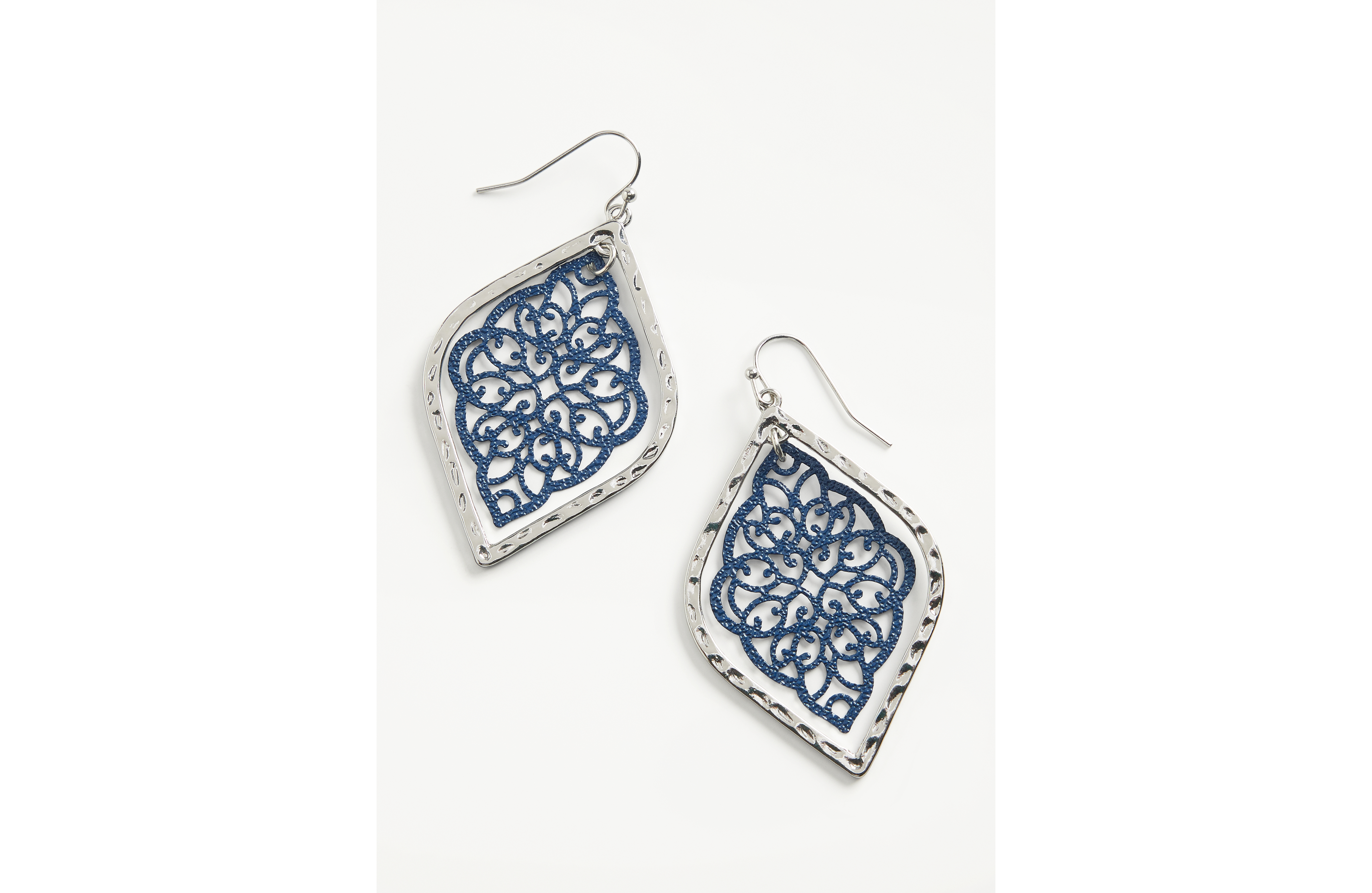 Silver And Navy Filigree Drop Earrings