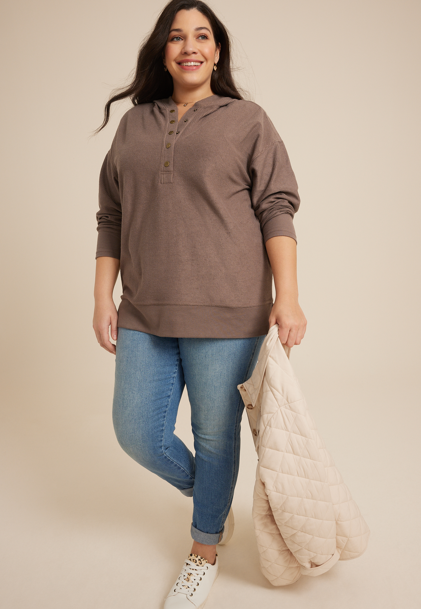 Plus Size Corded Ribbed Hoodie, C6002, large