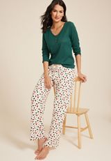 Henley Long Sleeve Tee And Wide Leg Pajama Set, C3409, small