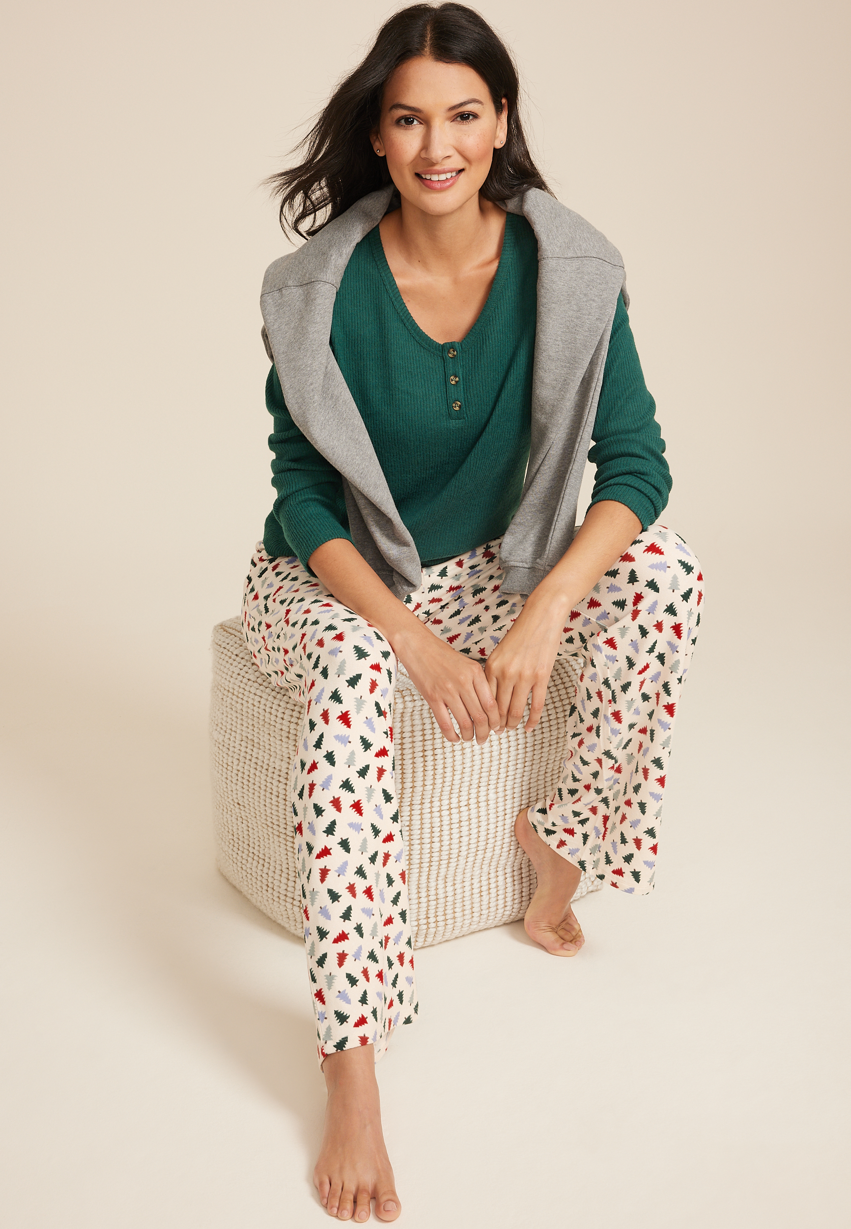 Henley Long Sleeve Tee And Wide Leg Pajama Set, C3409, large
