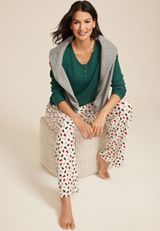 Henley Long Sleeve Tee And Wide Leg Pajama Set, C3409, small