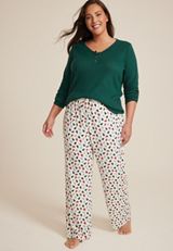Plus Size Henley Long Sleeve Tee And Wide Leg Pajama Set, C3409, small