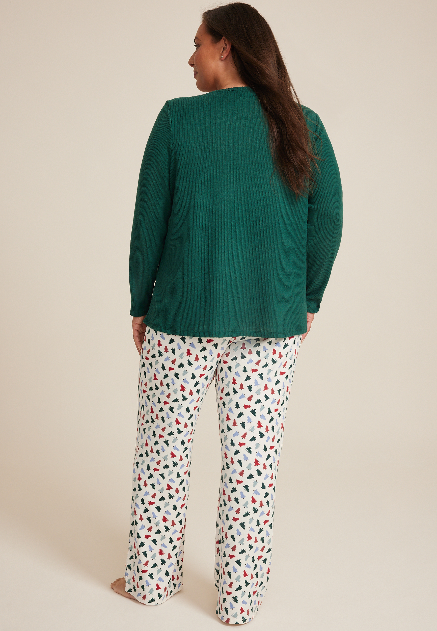 Plus Size Henley Long Sleeve Tee And Wide Leg Pajama Set, C3409, large