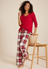 Henley Long Sleeve Tee And Wide Leg Pajama Set, C7044, small