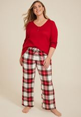 Plus Size Henley Long Sleeve Tee And Wide Leg Pajama Set, REBEL RED COMBO, small