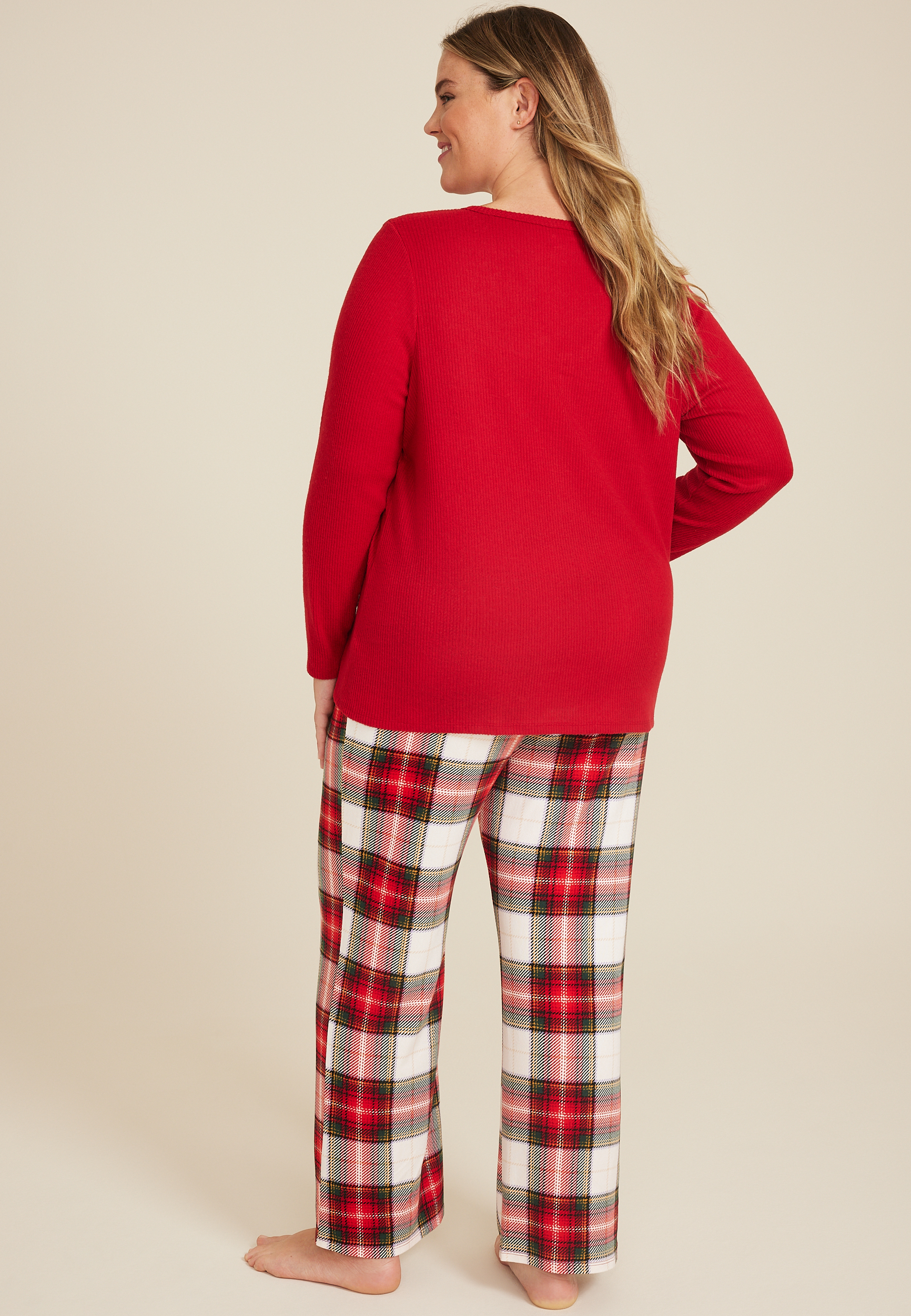 Plus Size Henley Long Sleeve Tee And Wide Leg Pajama Set, REBEL RED COMBO, large