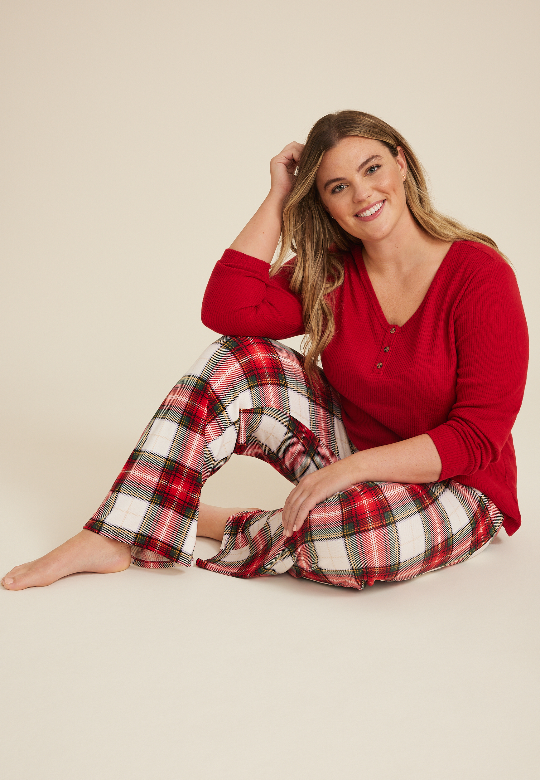 Plus Size Henley Long Sleeve Tee And Wide Leg Pajama Set, REBEL RED COMBO, large